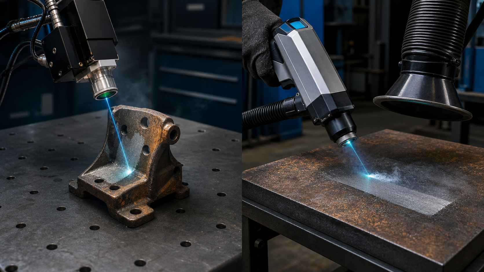Two controlled laser-cleaning setups: one treating a detailed rusted bracket and one treating a larger rusted steel plate with extraction