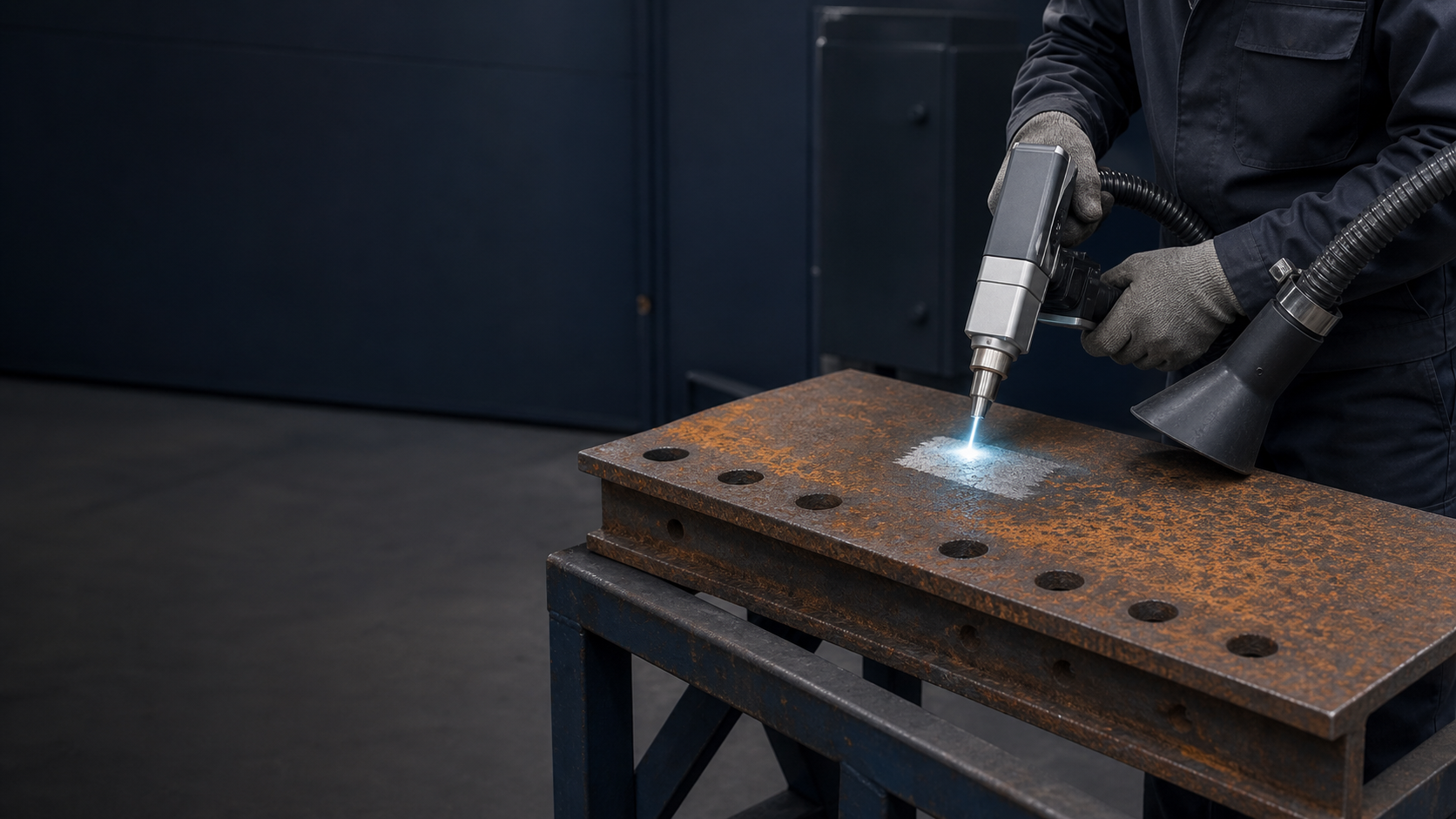 Technician using a handheld laser-cleaning head on a rusted steel plate with close-positioned extraction