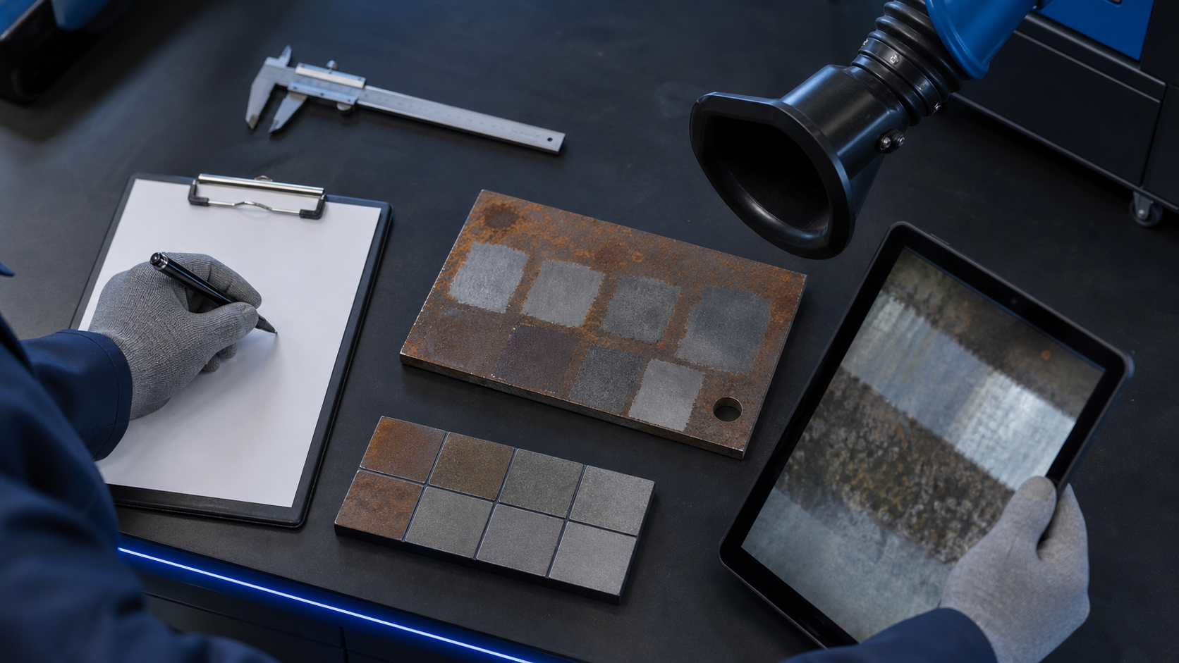 Industrial engineer documenting rust-removal test patches on a steel coupon with inspection tools and extraction nearby