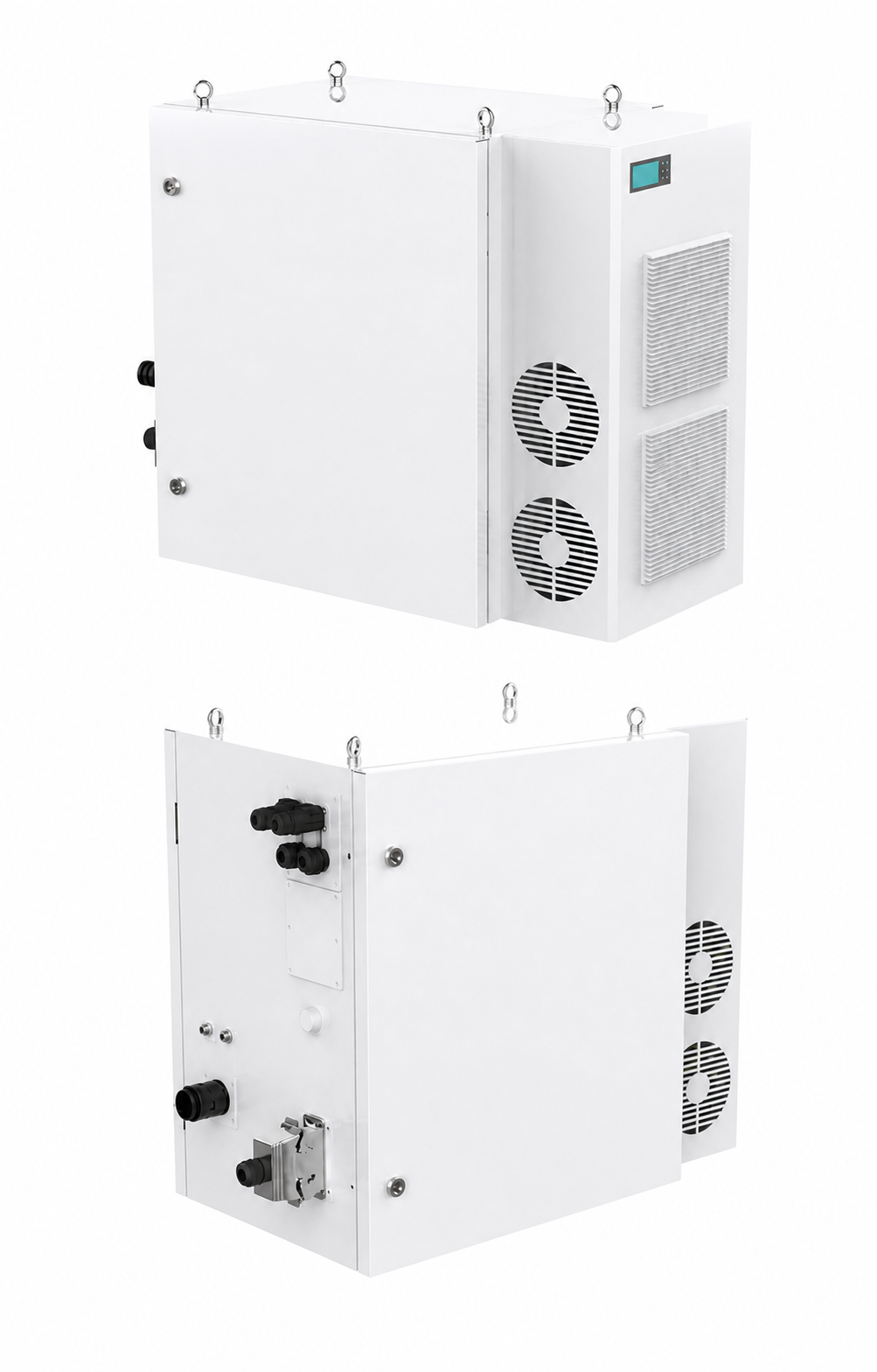 Front and rear views of an air-conditioned pulse laser cleaning machine with white industrial enclosure